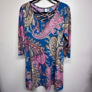 Honeyme Blue Paisley Lattice Neck 3/4 Sleeve Tunic Dress Made in LA Size Small